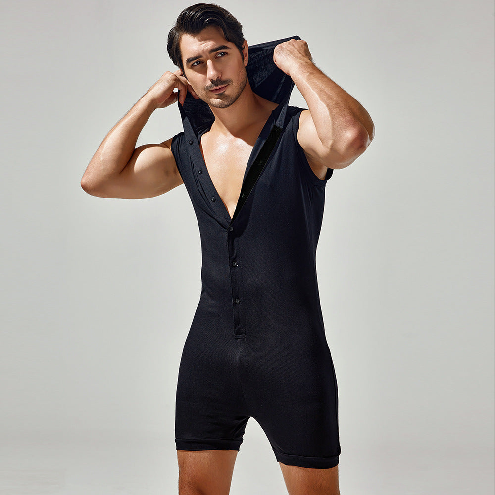 Tauwell Men's one-piece pajamas Hooded tracksuits Comfortable sweat-wicking breathable one-piece shorts