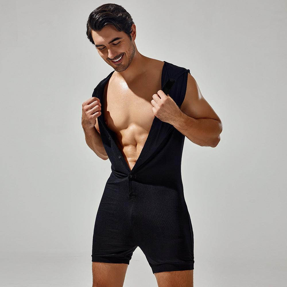 Tauwell Men's one-piece pajamas Hooded tracksuits Comfortable sweat-wicking breathable one-piece shorts