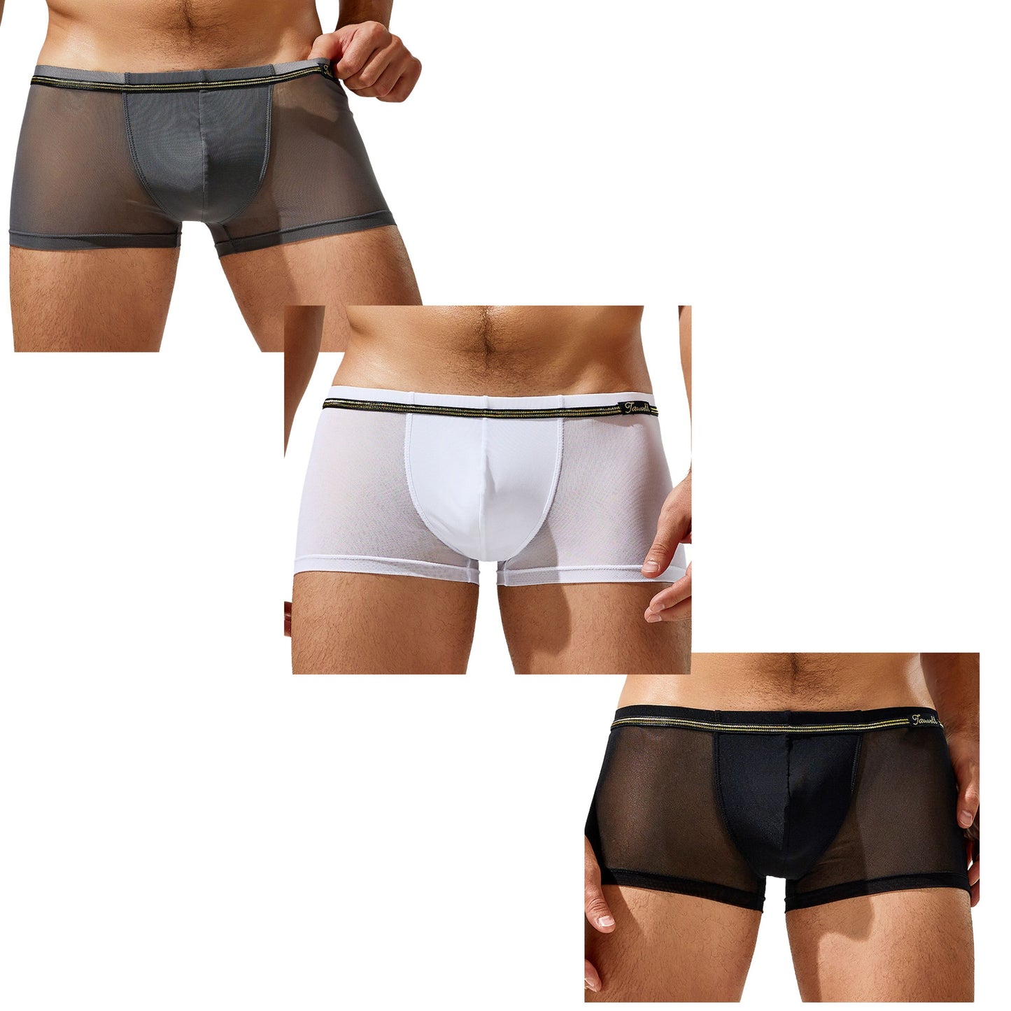 3 pieces Tauwell men's mesh boxer briefs sexy U convex semi-transparent mesh erotic men's underwear