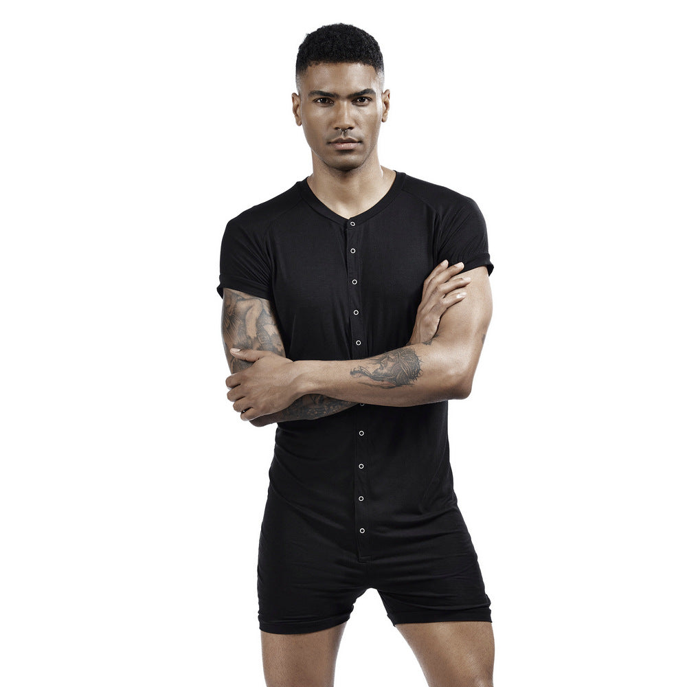 Men's one-piece pajamas comfortable sweat-wicking sports one-piece shorts Buckle one-piece base clothing