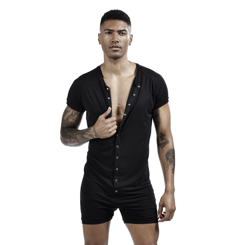 Men's one-piece pajamas comfortable sweat-wicking sports one-piece shorts Buckle one-piece base clothing