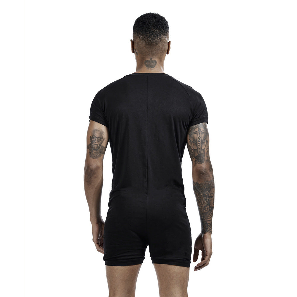 Men's one-piece pajamas comfortable sweat-wicking sports one-piece shorts Buckle one-piece base clothing