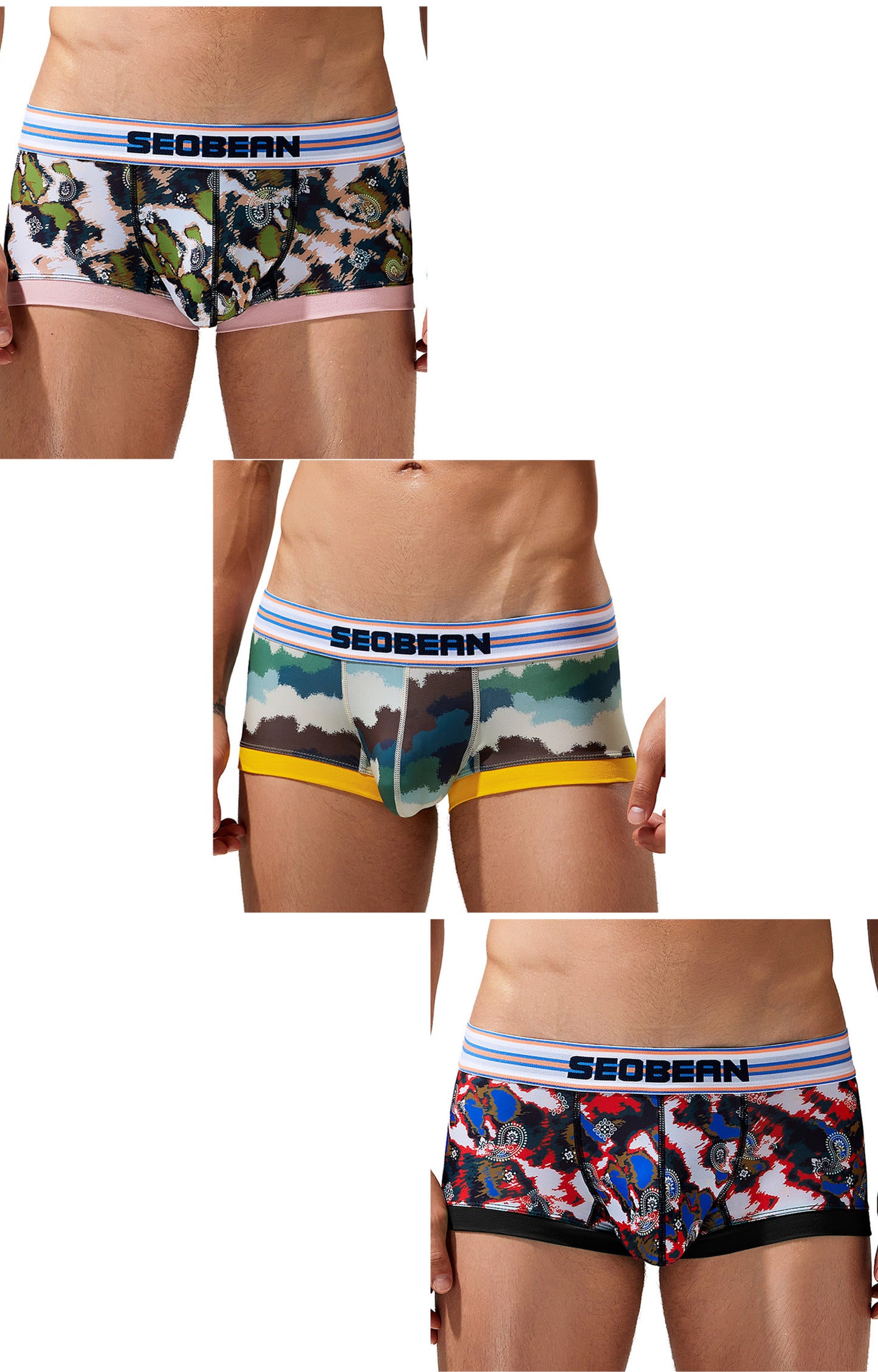 3-Pack SEOBEAN Men's Low Waist Printed Dragon Boxer Briefs U-Shaped Comfortable Lightweight Fashion Innerwear