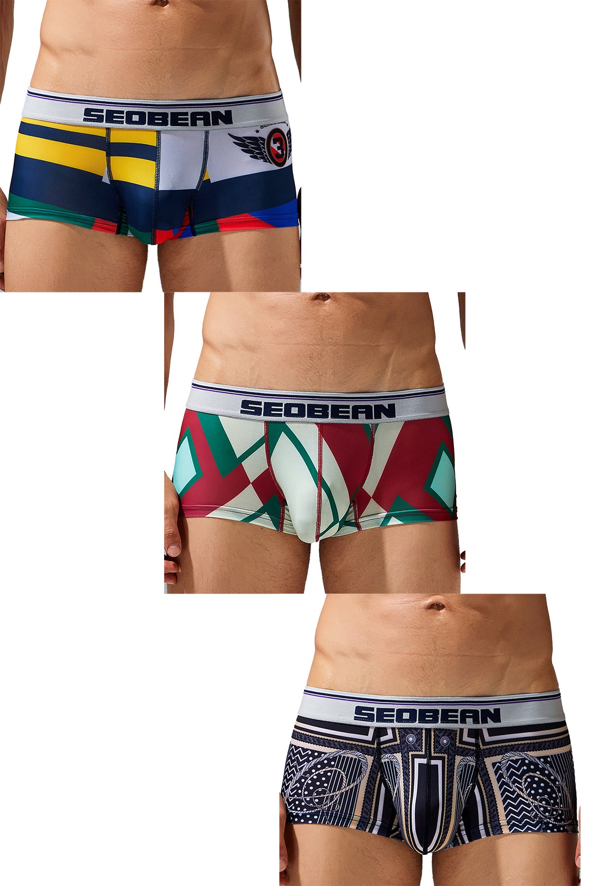 3-Pack SEOBEAN Men's Low Waist Printed Dragon Boxer Briefs U-Shaped Comfortable Lightweight Fashion Innerwear