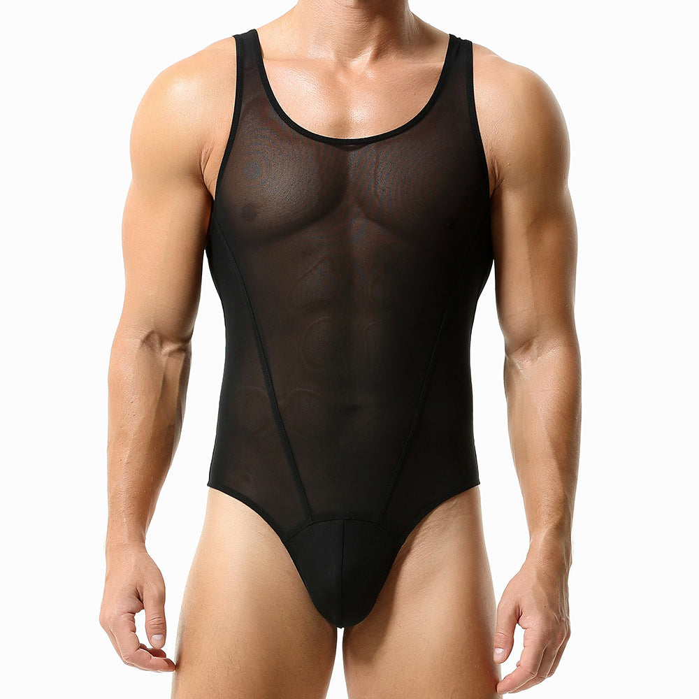 TAUWELL Men'S Bodysuit Shapewear Semi-Transparent Thin Mesh Tight Fitness Lingerie Bodysuit Tank Top