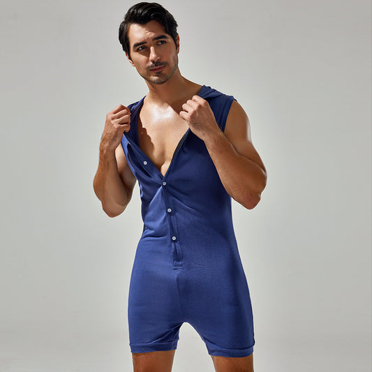 Tauwell Men's one-piece pajamas Hooded tracksuits Comfortable sweat-wicking breathable one-piece shorts