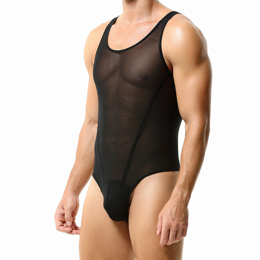 TAUWELL Men'S Bodysuit Shapewear Semi-Transparent Thin Mesh Tight Fitness Lingerie Bodysuit Tank Top