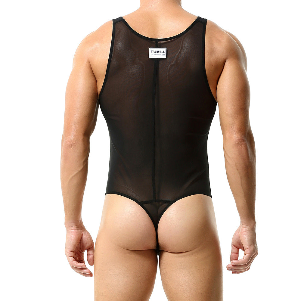 TAUWELL Men'S Bodysuit Shapewear Semi-Transparent Thin Mesh Tight Fitness Lingerie Bodysuit Tank Top