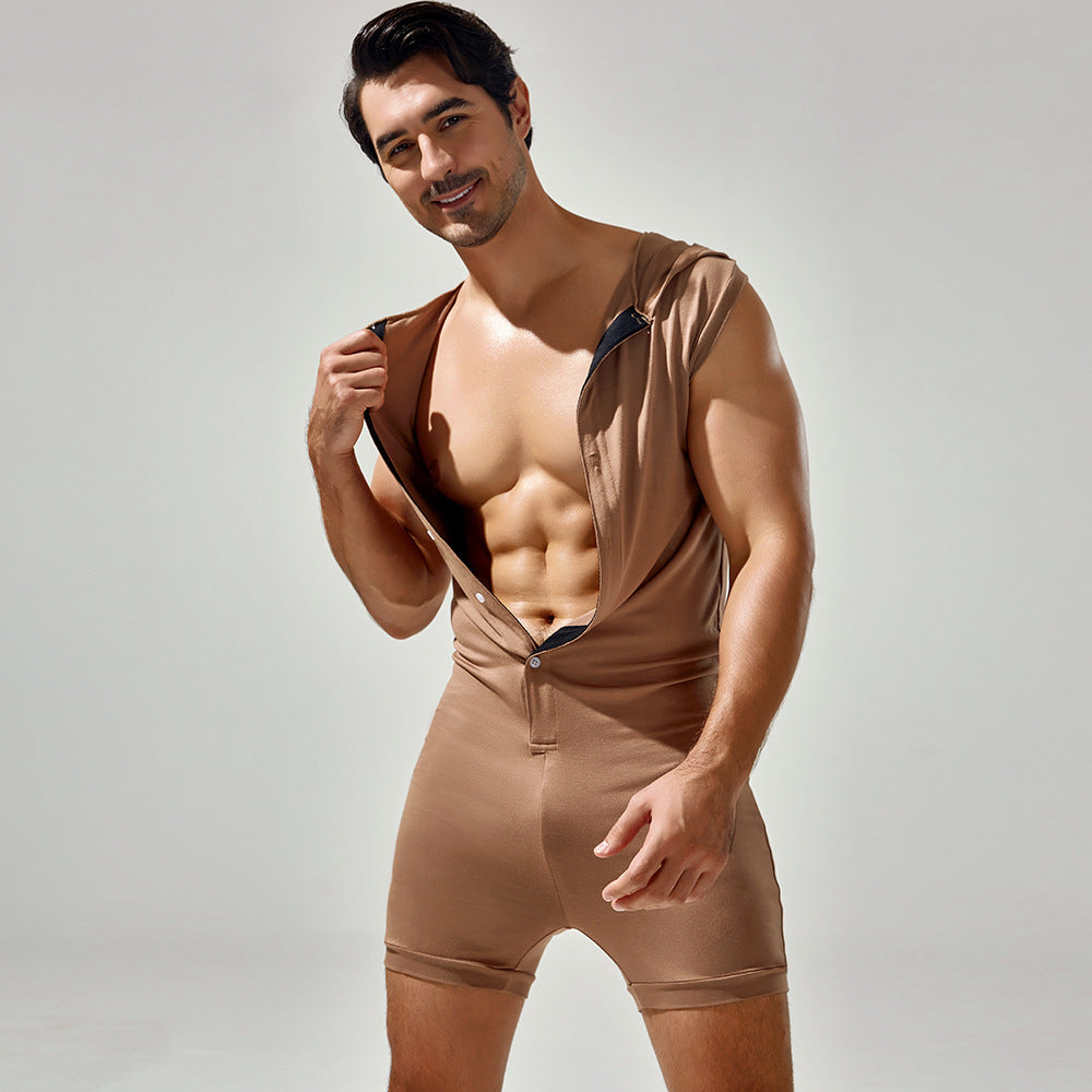 Tauwell Men's one-piece pajamas Hooded tracksuits Comfortable sweat-wicking breathable one-piece shorts