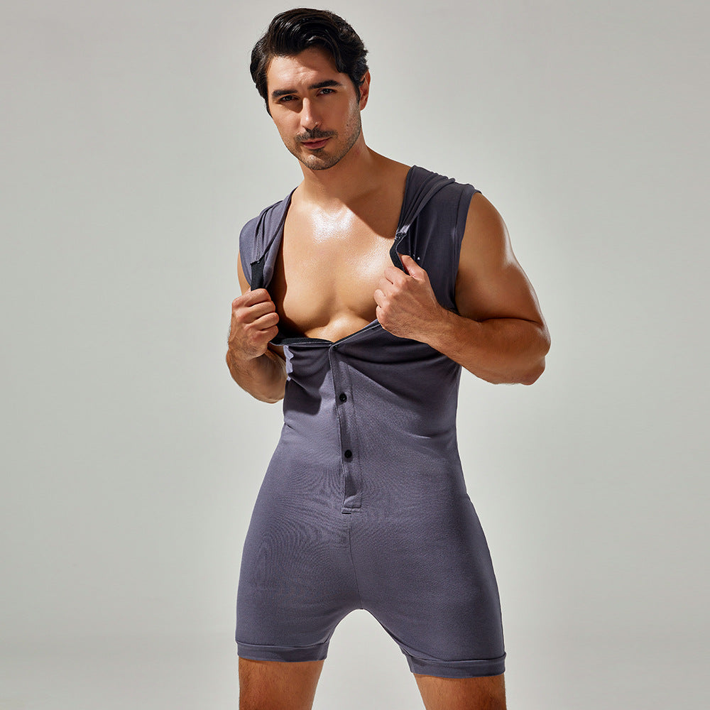 Tauwell Men's one-piece pajamas Hooded tracksuits Comfortable sweat-wicking breathable one-piece shorts