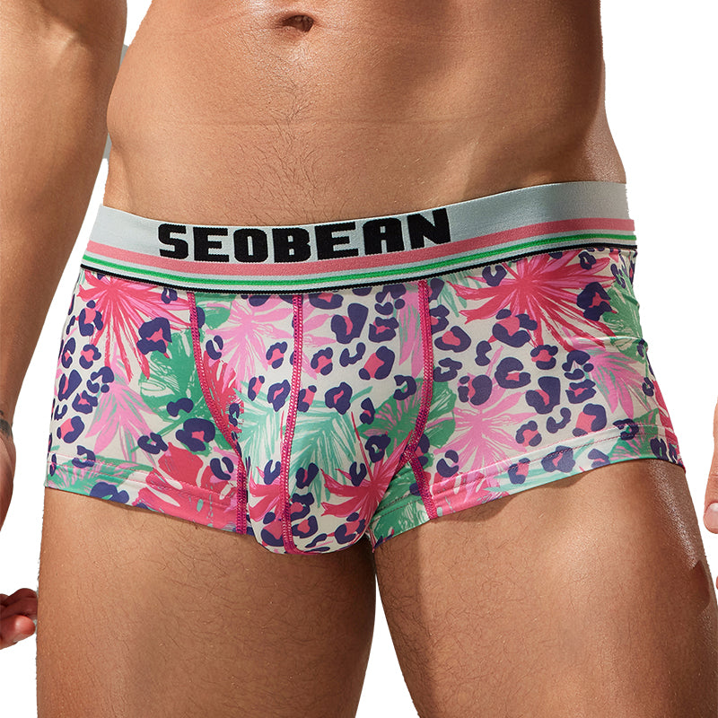3-Pack Seobean Men's Soft Flat Bottom Sports Underwear Comfortable Boxer Briefs Fashion Floral Design