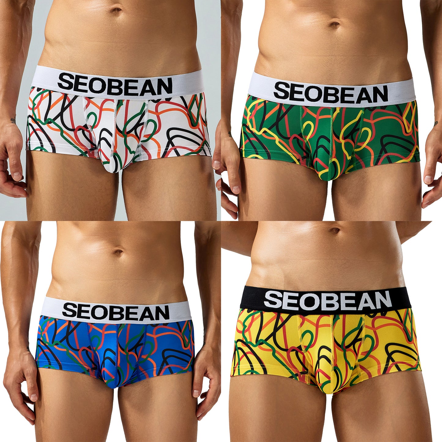 4-Pack SEOBEAN Men's Low Waist Printed Dragon Boxer Briefs U-Shaped Comfortable Lightweight Fashion Innerwear