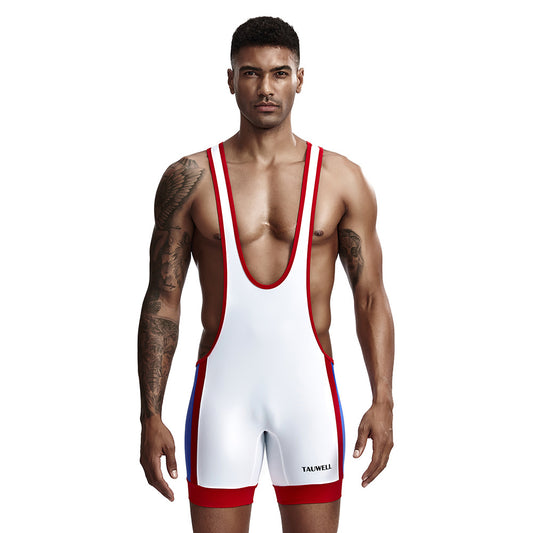 TAUWELL Men's High-Elasticity Sleeveless Athletic Romper - White & Red Color Scheme, Perfect for Cycling, Weightlifting, Yoga, and Track & Field Training, Gym Clothes