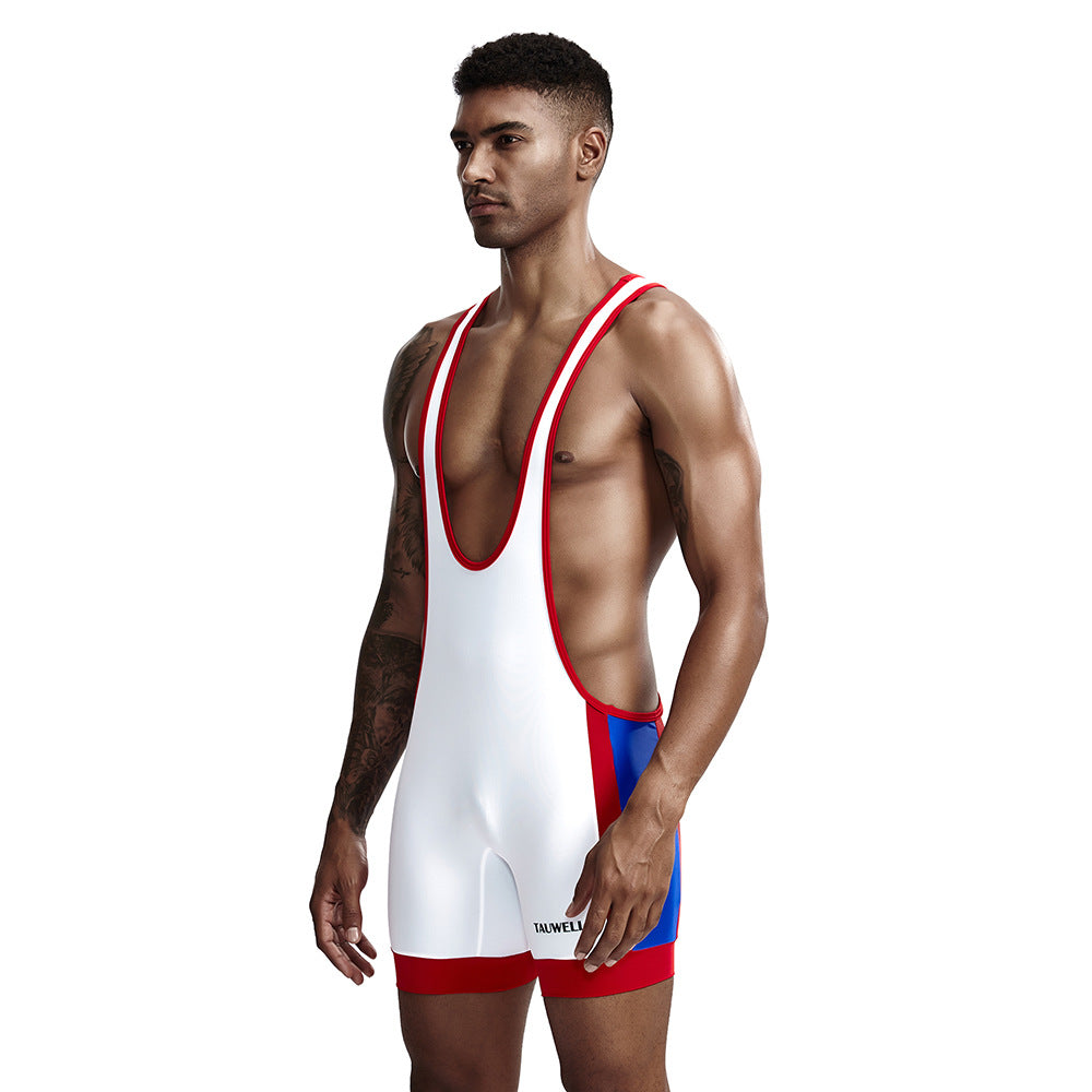 TAUWELL Men's High-Elasticity Sleeveless Athletic Romper - White & Red Color Scheme, Perfect for Cycling, Weightlifting, Yoga, and Track & Field Training, Gym Clothes