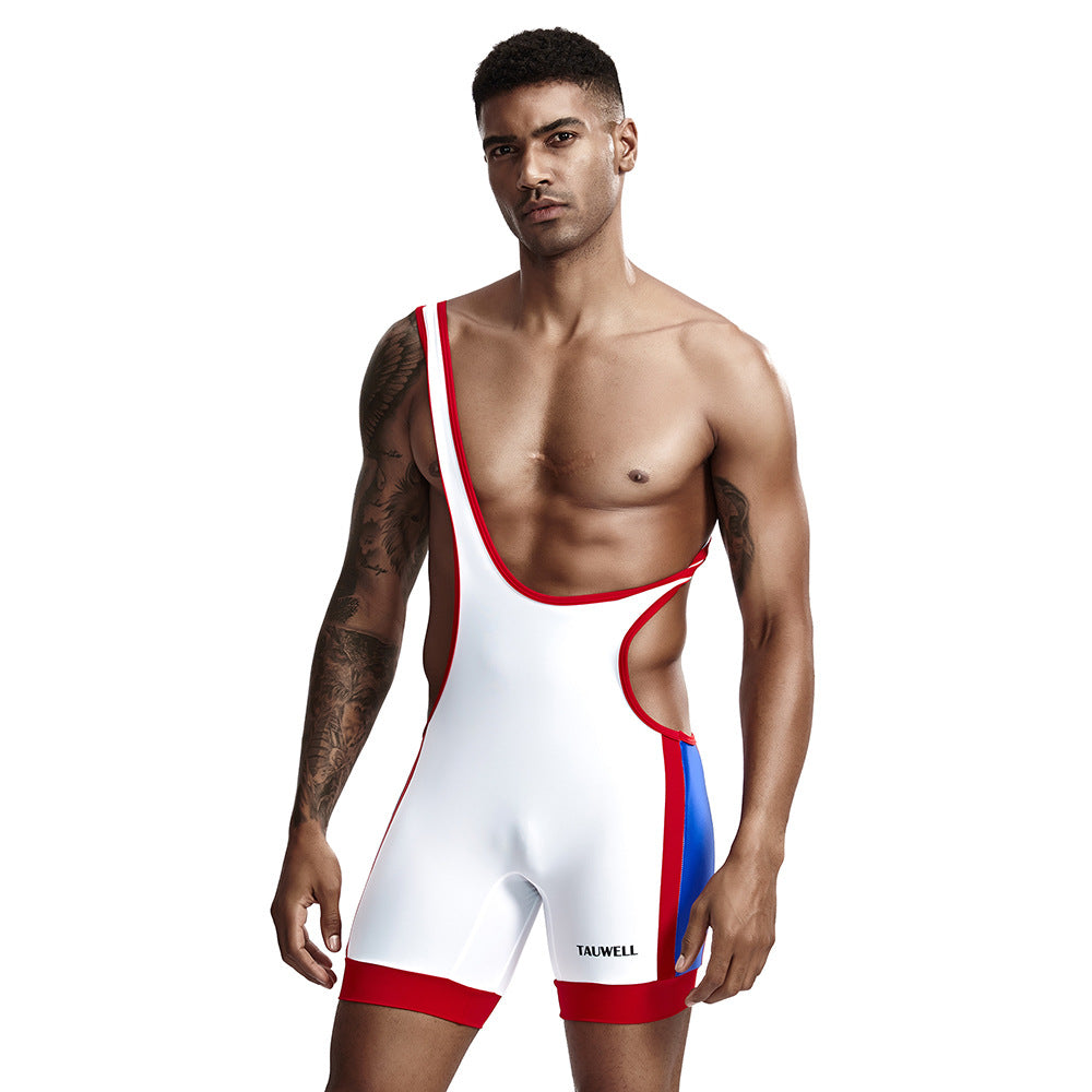 TAUWELL Men's High-Elasticity Sleeveless Athletic Romper - White & Red Color Scheme, Perfect for Cycling, Weightlifting, Yoga, and Track & Field Training, Gym Clothes