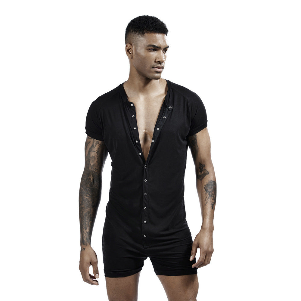 Men's one-piece pajamas comfortable sweat-wicking sports one-piece shorts Buckle one-piece base clothing
