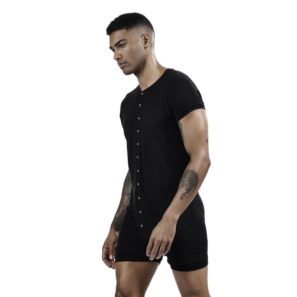 Men's one-piece pajamas comfortable sweat-wicking sports one-piece shorts Buckle one-piece base clothing