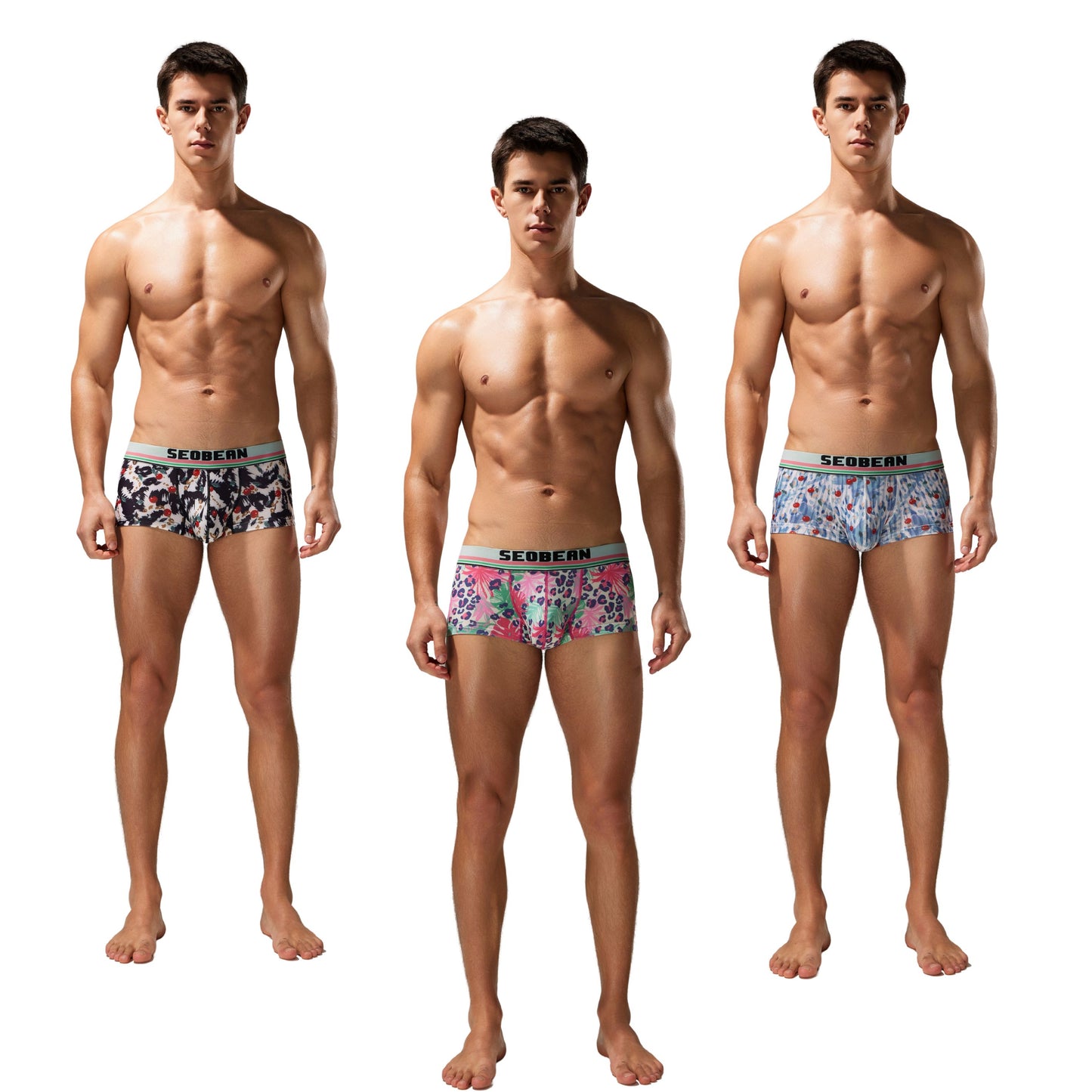 3-Pack Seobean Men's Soft Flat Bottom Sports Underwear Comfortable Boxer Briefs Fashion Floral Design