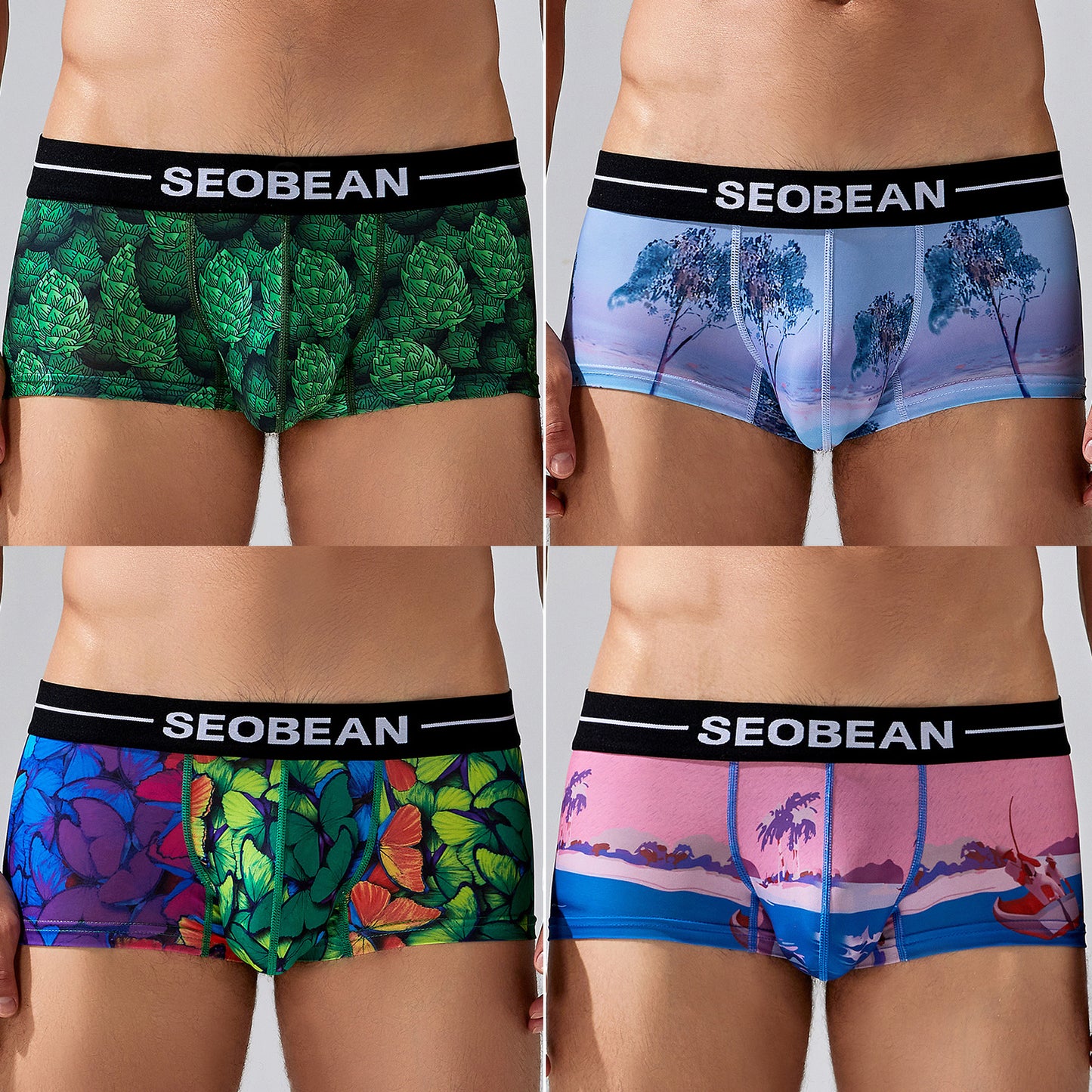 4-Pack SEOBEAN Men's Low Waist Printed Dragon Boxer Briefs U-Shaped Comfortable Lightweight Fashion Innerwear