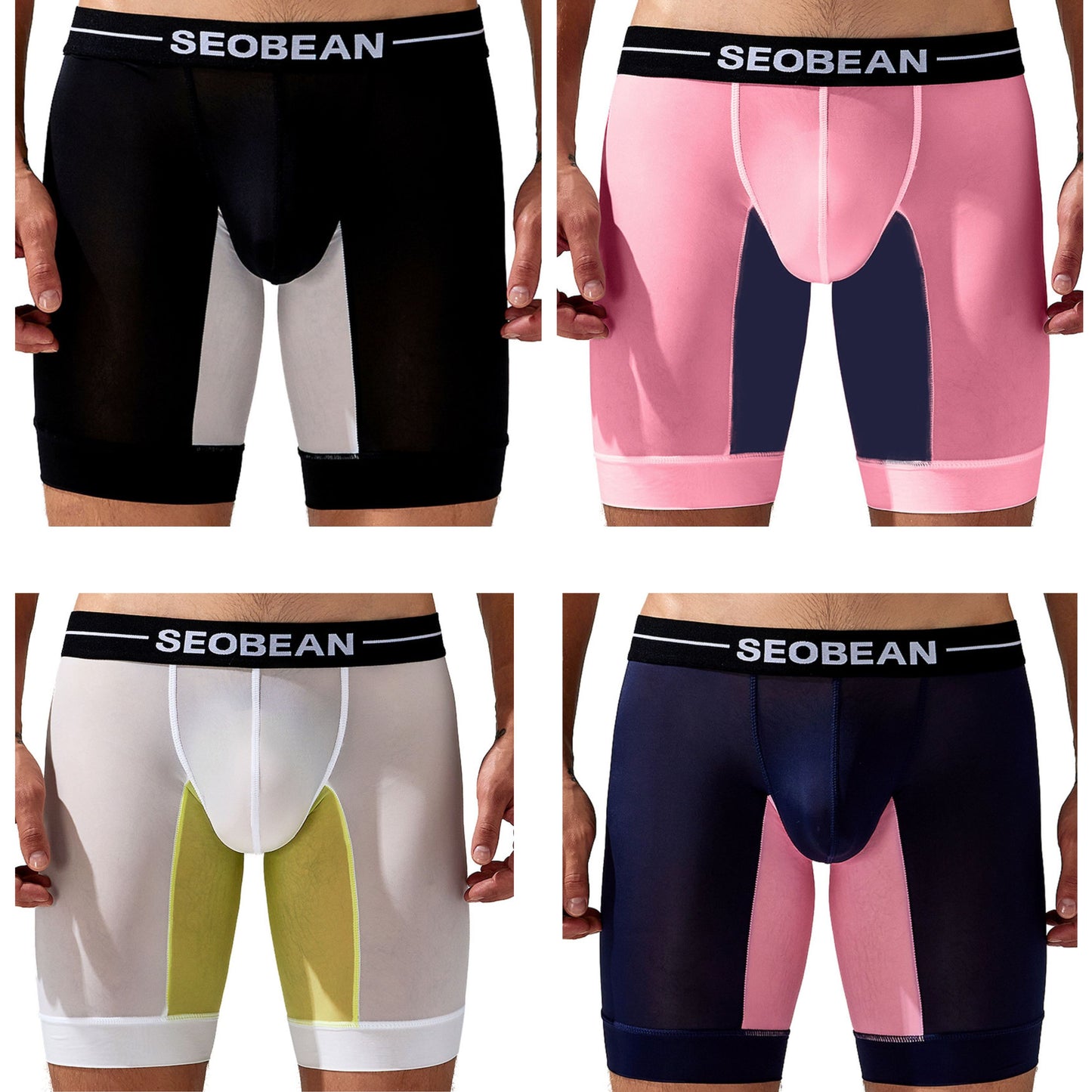 4 pieces SEOBEAN Men's long tube low waist leggings semi-transparent boxer shorts athletic pants lining